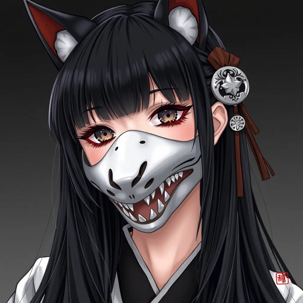 Female, realistic art, Japanese yokai, long black hair, kitsune mask