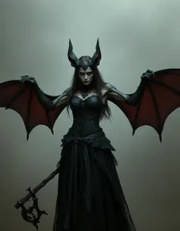 Human bat hybrid woman with arms korph to bat wings wearing gothic witch inpired clothes