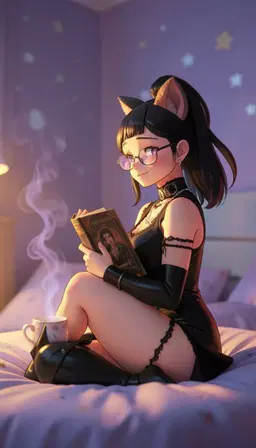 violet nightshade is captured in a low‑angle side profile, her gaze turned toward the reader, legs tucked beneath her on the moonlit pillow. she holds the worn storybook close to her chest, eyes soft and serene, framed by warm amber lighting that bathes her face in gentle glow. the bedroom behind her blurs into a soft focus, pastel walls and star decals softened into dreamy bokeh, while a faint lavender steam curls from a distant teacup, adding a warm, comforting scent to the tranquil scene.