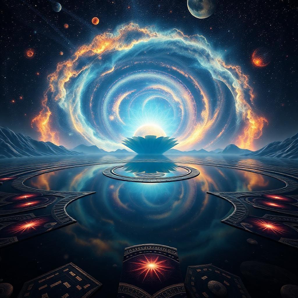 Ancient cosmic maze, Blazing odyssey existential, Cosmic sea backdrop, Ethereal flower glow, Extreme Detail, Galaxy swirls behind, Infinite universe crossroads, Mesmerizing surreal composition, Mirrored lake, Nebula of stars, Shining cosmic dust, Unreal Rendering, Unrealistic
