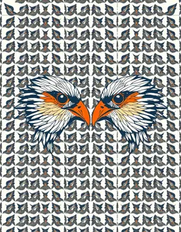 bird pattern design for t‑shirt, grid mosaic layout with tight uniform cells forming a cohesive whole, each cell containing a distinct fragment of the bird motif, vibrant graphic composition, facing gaze layout with reciprocal gaze lines structuring the frame and creating an implied geometric network of power dynamics and emotional tension.