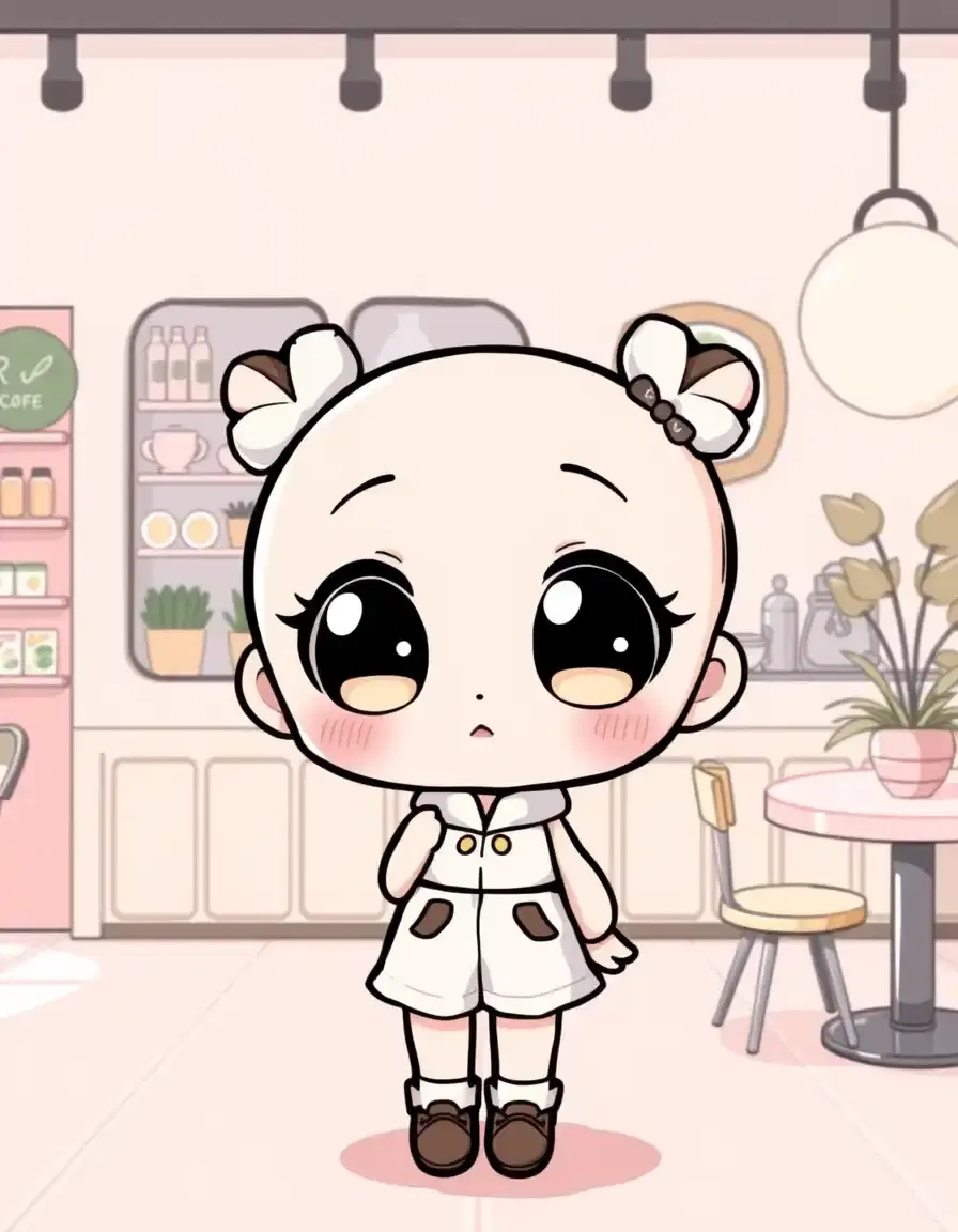 a cute kawaii character in a pastel-colored cafe scene. the character has large, sparkling eyes and is wearing a simple outfit. the style is cute kawaii.
