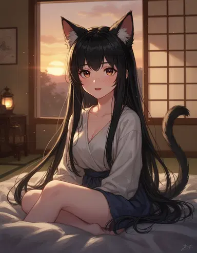 “anime-style portrait of a girl with cat ears, long black hair, soft golden hour lighting, warm tones, detailed skin shading, cozy indoor setting, shoji screen background, cinematic depth of field”
“beautiful anime girl with subtle freckles, glossy lips, cat ears and tail, sitting by a window, soft sunlight streaming in, highly detailed digital painting, warm color palette, 4k”
“fantasy catgirl character, long flowing hair, relaxed pose on bed, soft ambient lighting, Japanese room interior, painterly anime style, gentle expression, ultra detailed”
🌅 Lighting & Mood Variations
“anime catgirl in warm sunset lighting, soft shadows, glowing skin highlights, cozy bedroom, calm atmosphere, cinematic framing, shallow depth of field”
“moody evening scene, cat-eared girl lit by lantern light, warm and dim tones, soft reflections, detailed digital illustration, anime realism”
🎨 More Artistic / Painterly
“semi-realistic anime portrait, catgirl with silky black hair, soft brush strokes, glowing skin, warm interior lighting, inspired by modern digital artists, highly detailed rendering”
“highly detailed anime illustration, elegant catgirl, natural pose, soft lighting, textured skin shading, painterly style, artstation quality”
📸 Composition / Camera Focus
“close-up portrait of anime catgirl, soft focus background, natural pose, warm window light, cinematic composition, realistic lighting and shadows”
“medium shot, catgirl sitting indoors, soft light falling across face, depth of field, photorealistic anime rendering, gentle expression”