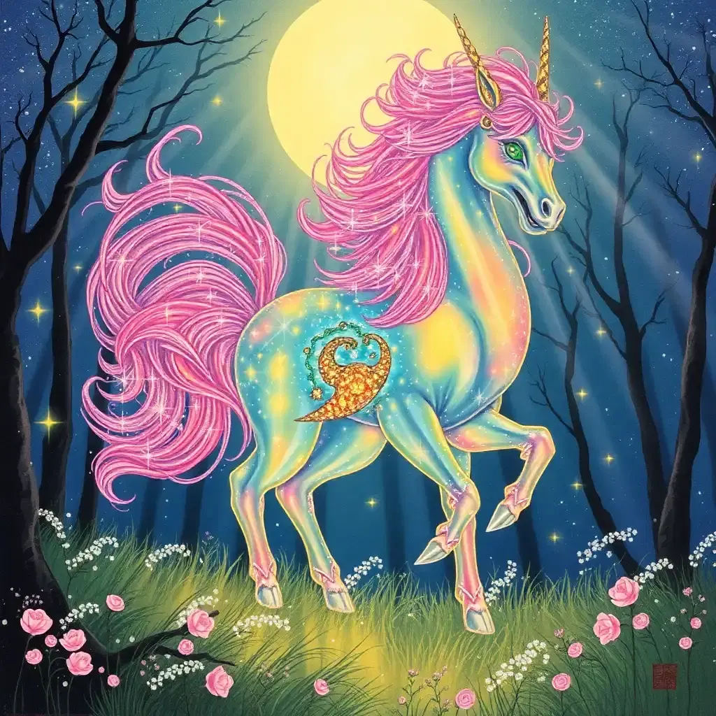 in this utterly "sparkly" japanese woodblock print, a dreamlike magical forest bursts with lunar magic, where wispy moonbeams dance across dew-kissed grass like a tantalizingly fleeting symphony of sparkles. amidst this dreamscape, the majestic, towering kirin materializes, exploding into an essence of vibrant color, as vibrant threads of opalescent crystal drape across her delicate, branch-like legs, sending shafts of shimmering starlight skyward.

her iridescent fur flairs in a dazzling whirlwind of colors: shimmering powdery pastels, radiant gemstones, and warm metallic hues blending into an exquisite tapestry that blazes with the fiery passion of enchanted wonders. as sparkling silken strands weave through the creature's crystalline body, glittering constellations reflect brilliant starlight within the ethereal realms of her luminous, crystal-green eyes.

ancient wisdom lingers within those enigmatic pools, illuminating her heart, which brims with the deep, profound love of a compassionate guide, orchestrating harmony between creatures and nature. her 'shining face' blossoms with soft, kind radiance, as life flourishes in her shimmering aura, embracing an atmosphere infused with peaceful unity.

dainty sprites flit across her wake, reflecting an unending effusion of celestial particles imbuing air, making magical, glittering 'morrow'. radiant perfumes exuded by trees blend pure essence, their collective aura carrying euphoric ascensions, casting enchanting reverberations across misty silver air.

those incredible flickers that blend and unblend constitute an intimate, mystical spectacle of dreams unfolding ceaselessly, thus reminding one of timeless wonders awaiting through the radiant mysteries of this 'sublime and mystical' being, this divinatory, 'spellbinding' creature and wonder - known as the kirin.