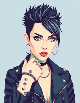 female punk rocker with hazel green eyes, spiked hair, leather jacket and studded bracelets adorned with sparkling glitter reflecting off the metal, stands prominently in flat vector style using pure geometric shapes, uniform color regions and crisp, mathematically consistent curves, with minimal abstract shadows as simple planes. high but controlled saturation, clean color hierarchies of pale blues, off‑white and silvery tones, smooth lines and flat colors create a terminal serenity mood with quiet, evenly lit atmosphere and subtle directional shading.