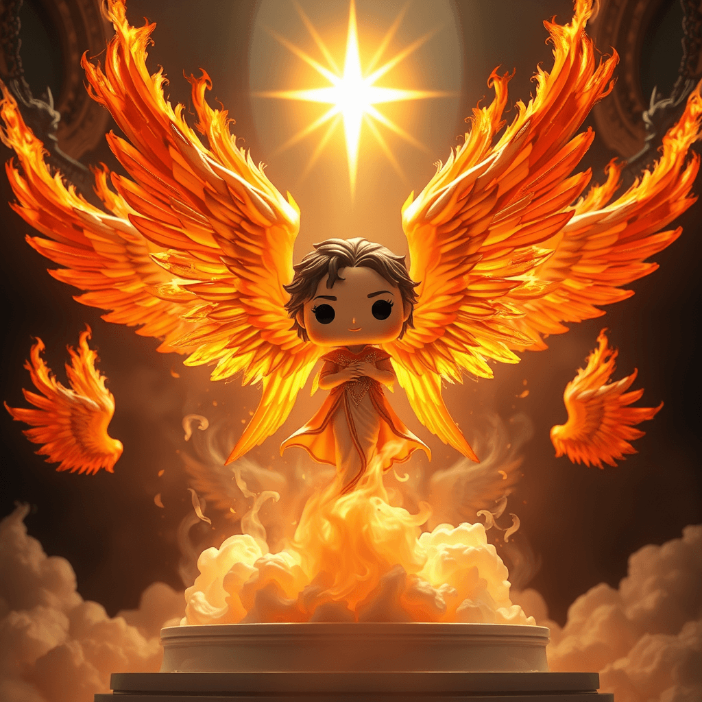 Seraphim:
"Describe a scene where Funko Pop Seraphim, with their six flaming wings, surround the throne of God, singing hymns of eternal praise. Focus on the intensity of their worship and the purifying power of their presence. How do the light and heat emanating from them affect the environment around them?"