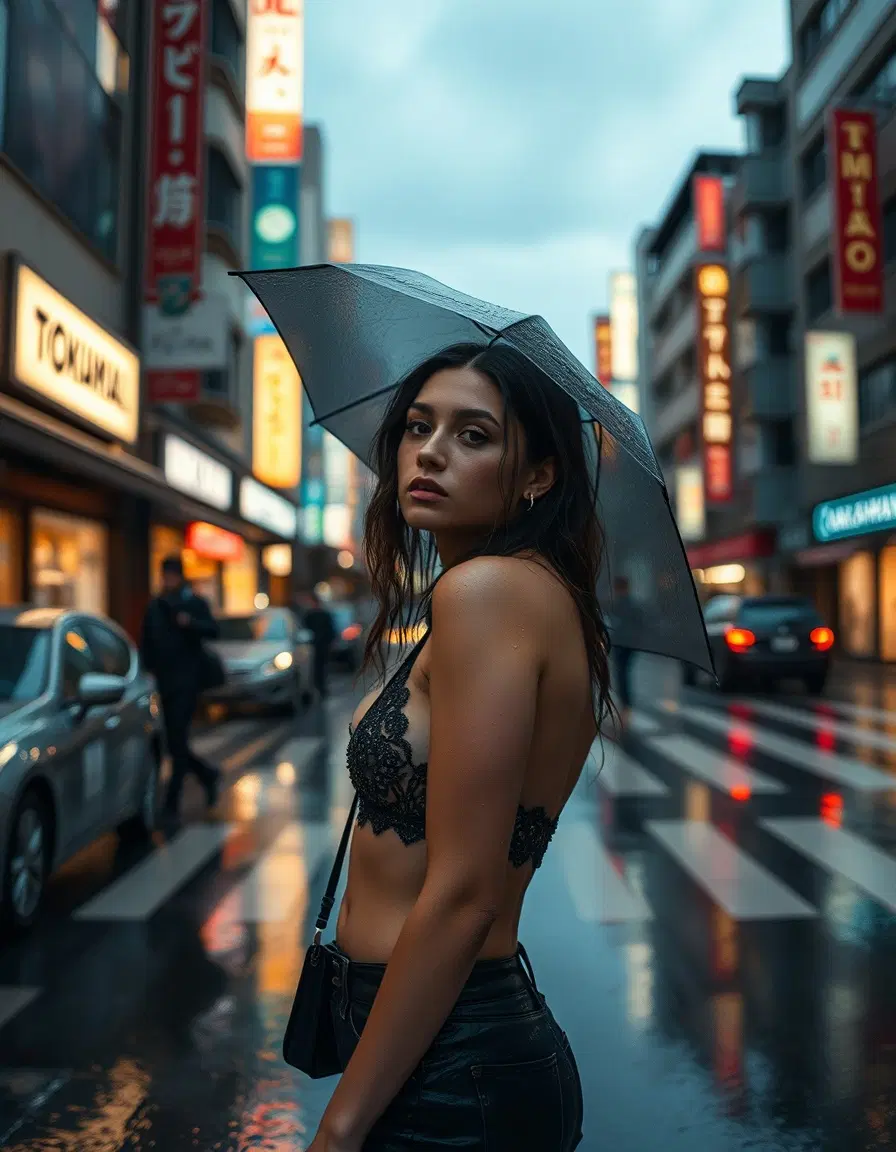 LEICA_M11.DNG: A full-body shot in a portraitethereal street portrait of a rain-soaked russian model in Tokyo at dusk."