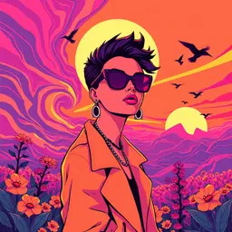 pop art landscape featuring a chic edgy fashion portrait character, crisp line work and flat color blocks, cartoonish horizon with swirling skies and neon flora, birds soaring in a bright sky, uplifting mood and sun casting long beams, rendered in a synthwave sunset palette of hot magenta, electric purple, burning orange melting into deep indigo with neon cyan edges, synthwave sunset palette glowing across the scene.