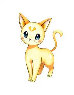 A soft, hand-painted Pokemon creature illustration of a cat-like pokemon with triangular ears, a short muzzle with whiskers and one long thin curling tail, its body coloured gold with gold accents. Rounded shapes, expressive anime eyes and appealing proportions with a slightly oversized head and a compact body; a silhouette that reads at a glance. Clean, thin, slightly organic pencil-like outlines. Familiar Pokemon design language: believable creature anatomy, simple colour blocking, elemental traits integrated naturally into the body, selective detail, clear personality. Soft colours, creamy highlights, gentle cel shading blended with painterly gradients, subtle watercolour and gouache texture on faint paper grain, matte softly illustrated surfaces. Show the full creature standing in a three-quarter pose, centred on a plain white background.