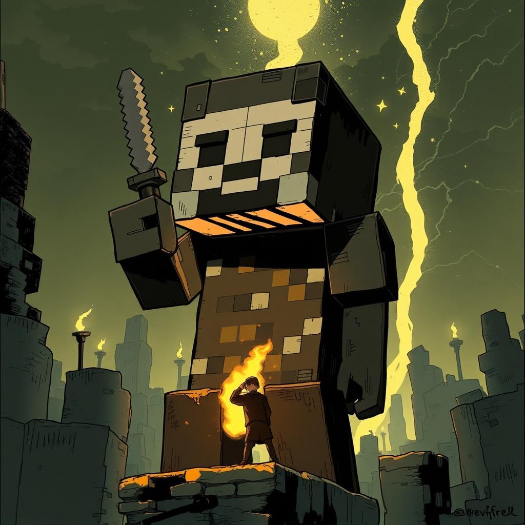 minecraft steve, style of Ben Templesmith Bill Sienkiewicz and Richard Corben, platitude, dark ambient, evfrell, Graham Ingels style, feminine, adult_focused, mature_audience,