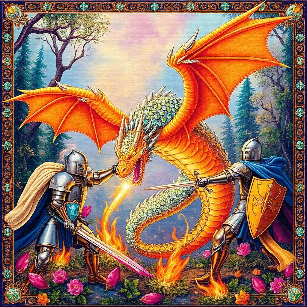 in a gem-studded tapestry, knights clash with a sparkling dragon amidst a vibrant forest. the dragon's wings are encrusted with shimmering jewels, its scales embellished with luminous gems. eyes of topaz blaze softly as the knights' armor gleams with a golden sheen, their swords glistening with radiant jewels, all set against a backdrop of pastel flames weaving a serene yet fierce battle.