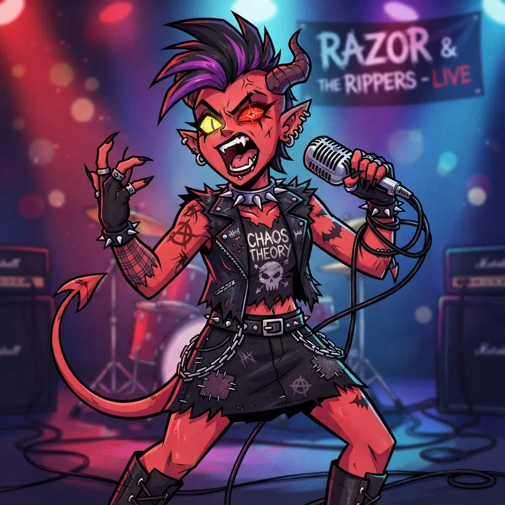original character: a punk cartoon demon singer with a spiked collar and a vintage microphone, mismatched eyes, sharp angular western cartoon style, bold black outlines, clean soft gradient studio background, vibrant, crisp high detail, digital illustration
