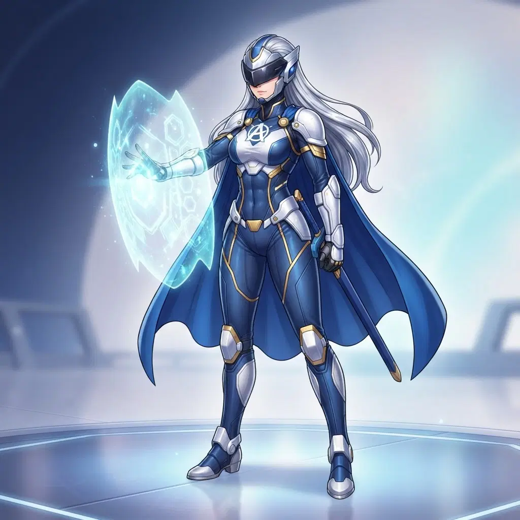 Anime illustration, full body, original tall hero woman with silver hair and a visor, deep blue and white costume, a shield of pale light floating in front of her hand, calm face, clean soft gradient studio background, crisp