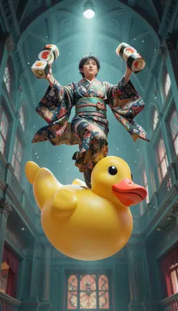akira wearing a lavish patterned kimono and matching obi sash, floating atop a gigantic rubber duck while juggling oversized sushi rolls, ascending, low‑angle view, composed with a descending line layout – a vertical axial composition that stacks visual weight along a single central axis, emphasizing upward movement, soft cinematic lighting, magical atmosphere, detailed digital painting, shallow depth of field, whimsical fantasy style, ornate architectural backdrop, cool teal and red palette, cool teal and red palette.
