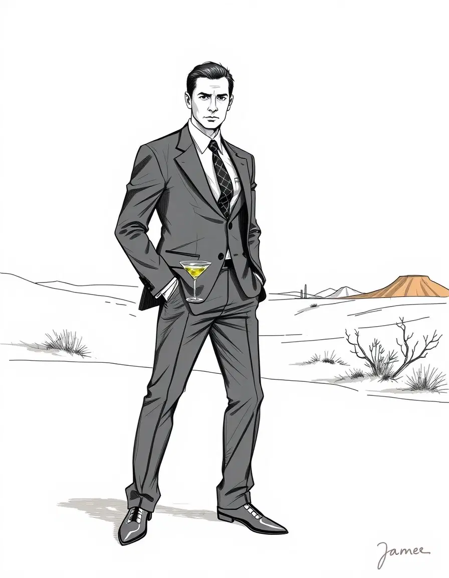 step 1 (internal thought process):
- subject: "james bond"
- defined as: human/humanoid
- setting: (inferred) "desert or a poker game"
- style: (kept from original prompt) "from the james bond quantum of solace wii game"
- filtered: no body descriptions to remove, removed poetic language about a wii game.

step 2 (final output):
"james bond in a hand-drawn sketch style, reminiscent of conceptual art. he wears a suit, tie, and holds a martini in one hand while looking confident. in the background, a minimalist desert landscape with sparse, loose lines and muted washes of color, emphasizing form over detail."