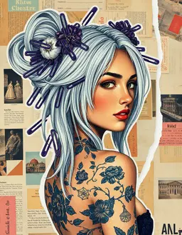 "collage - collage mixed media art, blending vintage illustrations with modern digital graphics, combining smooth torn edges with precise digital precision, and bold monochromatic color blocks on a textured background. a vibrant magical girl with a warm and olive-toned complexion, a fragmented, cut-out profile, her silvery white hair a wild tangle of purple-dyed paper clips, tape, and ribbons, alongside silvery white strands, surrounded by the decaying victorian-era theater, now reduced to scraps of newspaper, vintage calendars, and abandoned ticket stubs, the intricate swirling tattoos of vines, flowers, and geometric patterns reimagined as collage layers of paper, string, and fabric."