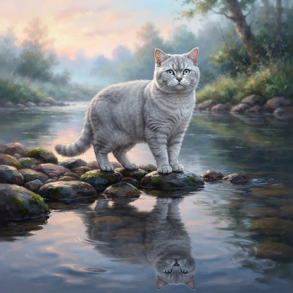 realistic silver grey cat with pale blue eyes, standing on smooth stones at a river edge at dawn, reflection in the water, calm pose, soft painterly book illustration, full body