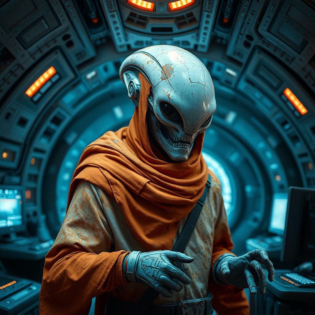 an alien warrior with a battered and worn-out orange and white sale and use inside alien starship, silver, cinematic, intricate details, light, energy, computers