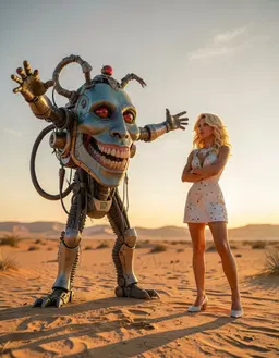 cinematic realism film still of an open desert at golden hour, photorealistic with detailed textures and sharp focus. RoboMonster throws both arms out wide, full body, captured from a low‑angle wide shot. Lucy Diamond‑fa stands to the right of RoboMonster, arms crossed, looking toward the horizon, full body, sharing the same low‑angle wide perspective.