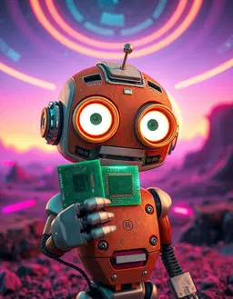a whimsical small robot with a large exposed‑circuit head, rust‑orange and off‑white metal, oversized white eyes with orange lids, holding a green computer chip, set against a futuristic landscape rendered in vpwave style with nuts texture, hr 150k resolution feel, and surl aesthetic. the scene glows with hyper‑vibrant neon rainbow colors, exaggerated glows and surreal over‑the‑top flair, while impossible teal, lavender, coral, and sapphire hues pulse like a neon dream across the horizon. the robot’s head and chip dominate a straight‑on close‑up, crisp and sharp, bathed in intense, hyper‑vivid lighting that amplifies the unapologetic, maximalist atmosphere.