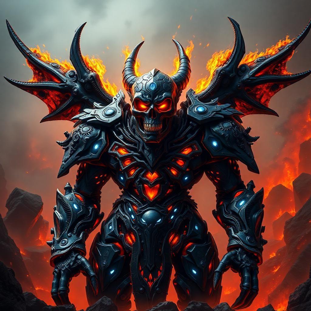 in a realm of volcanic ash and smoldering embers, xal'tor stands as a behemoth of unyielding fury, his presence crackling with an aura of malevolent force and ancient, decaying power. his black, pupil-less eyes blaze with an inner fire, as if two burning stars had been extinguished, but not dimmed. the air distorts with intense heat around him, causing the skeletal motifs etched into his blackened steel armor to seem aflame.

the intricately crafted plate armor now appears hacked and enhanced with cybernetic components, molten metal and wires merged together in an unholy fusion, like the molten lava that flows down its surface. two massive steel wings sprout from his shoulders, their edges scorched and warped as if forged in the heart of a volcano, now reinforced with glowing blue circuits and joints infused with artificial enhancement. a helmet shaped like a skull's face, with teeth embedded in its jaws, lies atop his head, a grim reminder of his unyielding ferocity amplified by the mechanistic underpinnings of his cybernetic enhancements.

around him, two gigantic bone golems writhe in agony, their skeletal bodies aflame with wild, uncontrollable fires that seem to fuel their unnatural growth, their synthetic limbs glowing bright red as they try to keep pace with the eternal blaze that fuels xal'tor's fury. flames dance across their ossified skin, casting a hellish glow across the darkened landscape, with bright led lights crackling with electricity in their fused joints. they sear the air with screeching cries as they attempt to flee, but are bound to the will of the obsidian hand.

in this hellish cybernetic inferno, xal'tor stands supreme, master of a hellish blaze that fuels his raging fury and ancient, decaying power amplified by unyielding artificial dominance. the very air is tormented by his raging presence, and those who dare to stand before him are consumed by an unending, hellish blaze of light and flame.