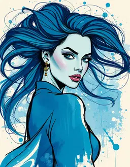 regal woman in high‑fashion, confident pose, dramatic eyes and luxurious hair swirling amid vibrant sketch‑like lines, rendered in cool blues, teals, soft violets and blue‑gray shadows; her stylized close‑up face and flowing garments are set against a mixed‑media background that fuses acrylic paint washes, paper collage textures, ink splatters and dry‑brush marks, creating layered color fields and tactile collage elements. bold vector lines define her elegant silhouette, crisp metallic highlights give glass‑like textures and refined steel accents, while the collage‑style backdrop adds depth and artistic contrast, delivering a sophisticated modern fashion illustration with a rich, multi‑material visual foundation.