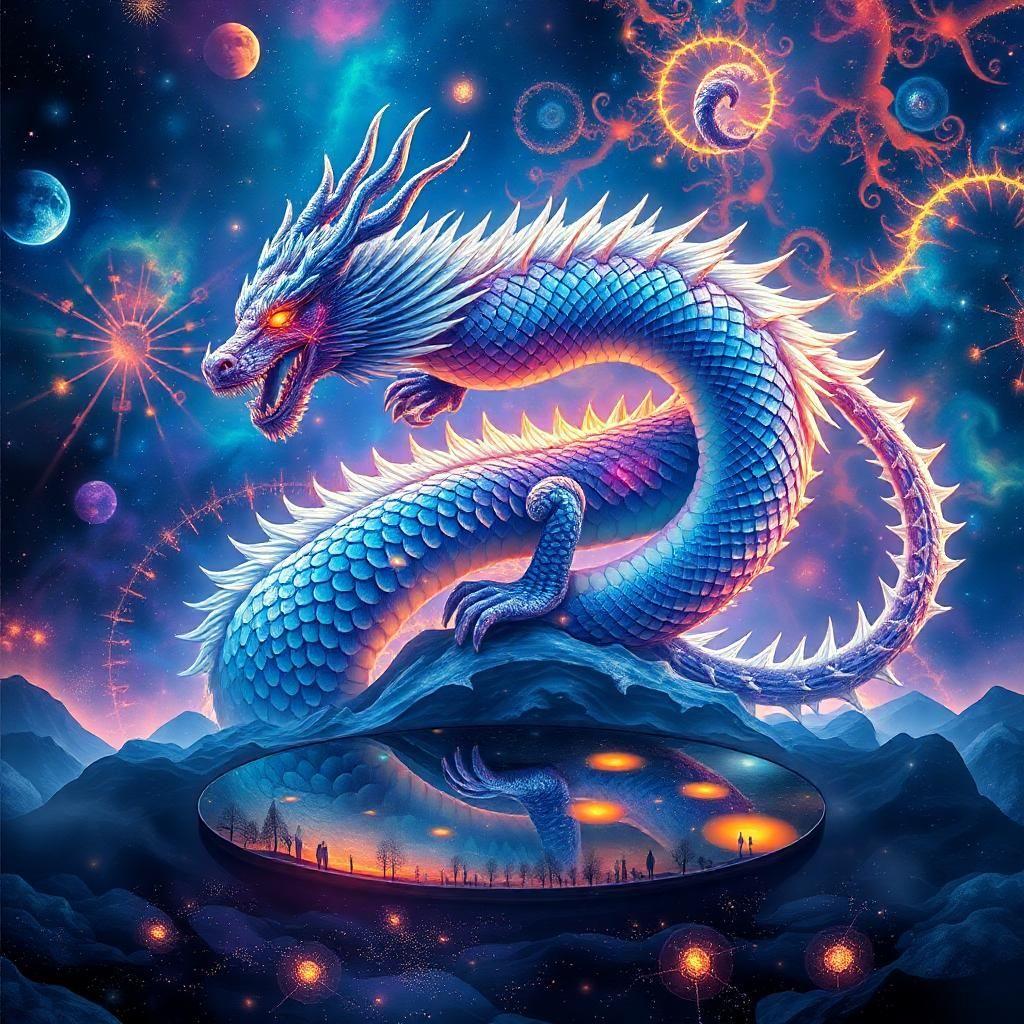 "a majestic, cosmic lotus dragon unfurls its ethereal coils within a fractal nebula of iridescent sapphires, shifting emeralds, and blazing rubies. its scales catch the light like shards of stardust: diamond echoes, opal whispers, and moonstone lunar dances. the dragon's eyes burn with a molten, cerulean flames that ripple like watercolors, bathing the scene in an ever-changing, auroral glow. below, a still, onyx mirror reflects a surreal landscape of dripping crystal tears and ghostly silhouettes waltzing amidst a tangle of constellations that shimmer like the delicate, lace-sewn dresses of celestial brides. as the dragon's tail stirs, its plumage erupts in a celestial spectacular: aurora borealis sweeps like golden brushstrokes, while amethyst suns sink beneath the horizon like burning embers. a haunting, melodic whisper – a gentle, cosmic lullaby – emanates from the dragon, carrying on its mystical breath the sweet scent of rose-petal nebulae and the soft, lunar glow of pearl-dusted dreams."