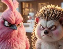 CLOSE-UP VIEW: A tightly framed, intimate composition that isolates two separate details of the subjects in the same frame. On the left, Grumpy Pink Bird-fa’s feathered cheek and beak are captured in extreme close‑up, the vivid pink plumage illuminated by a soft side light that accentuates every texture and the bird’s perpetually sour expression. On the right, Grumpy Hedgehog’s spiky back and a grumpy eye are shown in a matching macro shot, backlit by a warm amber glow that reveals the delicate sheen of each quill while the hedgehog’s brow is furrowed in irritation. The background is a seamless, dreamy bokeh of an Elegant Laboratory: blurred white workstations, faint amber holographic projections, and gentle warm wood tones reduced to color washes that do not compete with the subjects. Shallow depth of field keeps only the highlighted fragments in razor‑sharp focus, with creamy blur beyond. Expressive lighting sculpts each creature’s texture—side lighting for the bird’s feathers, backlighting for the hedgehog’s spines—creating a contemplative, intense atmosphere. Rendered photorealistically with cinematic detail, the image feels like a macro portrait combined with futuristic lab aesthetics, preserving each character’s likeness and grumpy demeanor.
