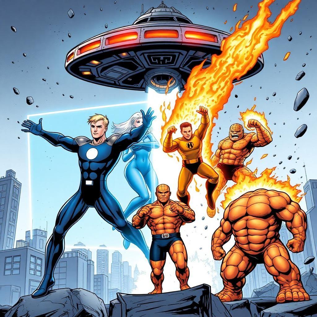 A dynamic comic book illustration of the Fantastic Four in action, showcasing their unique abilities. Mister Fantastic stretches his body in impossible shapes, forming a barrier against an incoming energy blast. The Invisible Woman is mid-air, forming a powerful force field to protect the team, her body partially phasing into invisibility. The Human Torch flies above them, engulfed in flames, leaving a trail of fire in the sky. The Thing stands in front, fists clenched, his rocky orange skin glowing under the destruction around them. The backdrop is a futuristic cityscape with an ominous alien spaceship hovering above, preparing to strike.