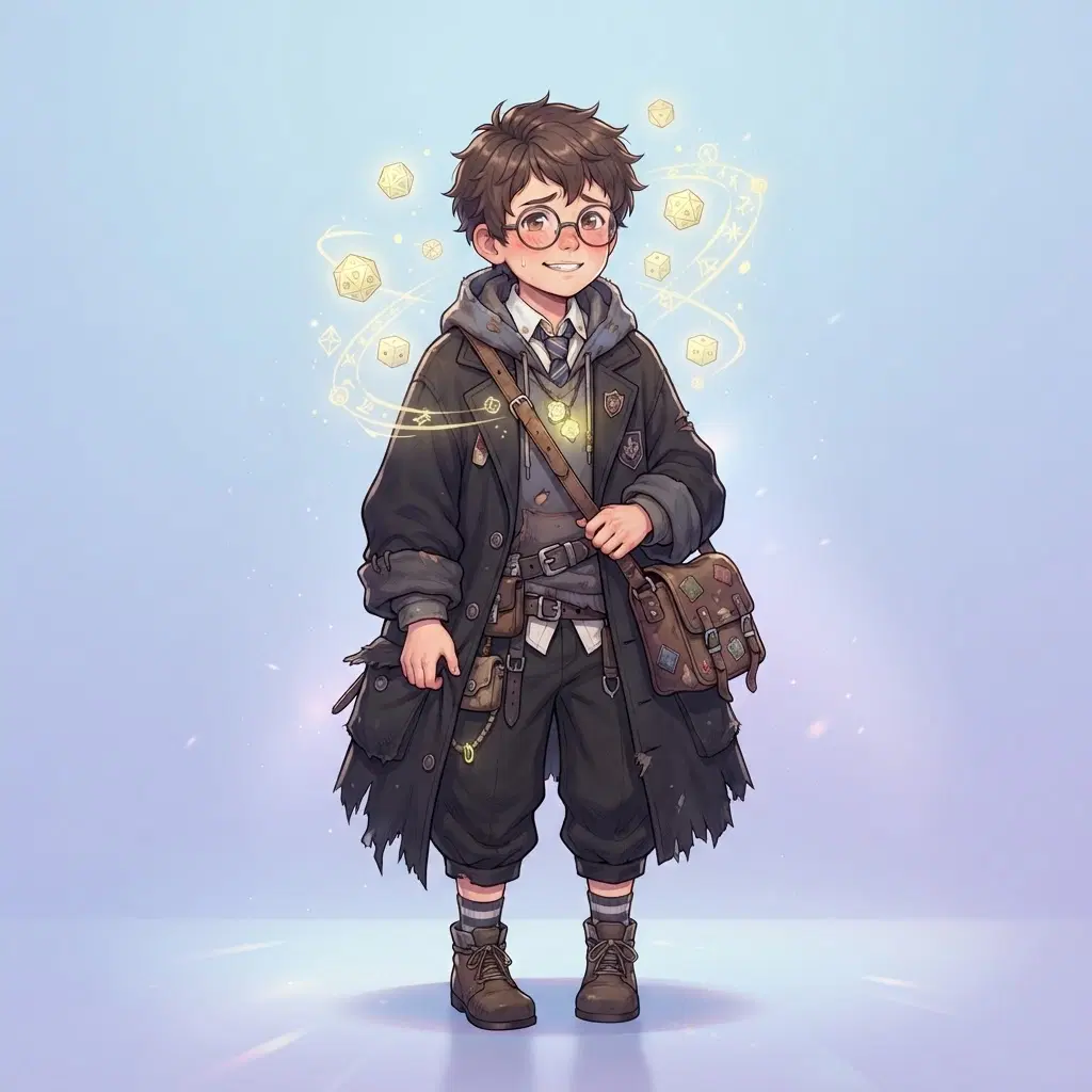 Anime illustration, full body, original short sorcerer boy with round glasses and a satchel, oversized dark coat, pale yellow cursed energy forming small floating dice around his head, nervous smile, clean soft gradient studio background, vibrant, crisp lines