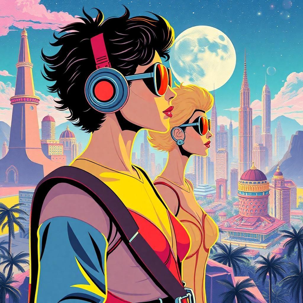 Illustrate a futuristic celebration of retro design, with human figures illustrated in bold pop art colors, set against a shimmering city that mirrors an explorer's paradise from another era. The vibrancy encapsulates a society that blends the ideals of futuristic optimism with timeless style.