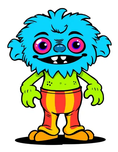 Bold quirky monster character, colorful clown-like creature with striped pants, thick black outlines, vibrant neon flat colors, white background, funny cartoon style, t-shirt print design --ar 1:1
