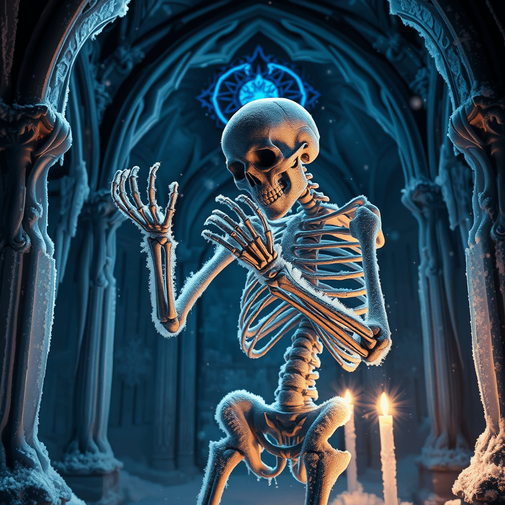 frosted bones of a wintery skeleton grasp icicles-encrusted archways of an ancient gothic crystal temple, chiseled with frosty runes. tendrils of frost dance across the skeleton's weathered tattooed skin as it stands beneath the frozen gaze of a icy blue binary star.  perilous obsidian altar support made from frost-weathered black diamonds; skeletal digits lock, radiating ominous icy power. celestial winter tapestry of glacial ice crystals swirls around the skeleton; forbidden winter magic freezes solid as a chilling blast sweeps in.

frothing frost bursts from the skeleton's veins as frozen lava of heavy liquid oxygen shoots wildly through icy caverns. frosty vein networks pulse with biting cold. frozen starry black hole vortex; glacial sapphires, frosted aquamarines, icy topaz glint in frost-shrouded night. gem-encrusted frost kingdom; skeletal reflections shimmer within crystalline radiance. glacial starlight; wintry death's pale splendor.  mystic serenity, radiating frosty skeleton amidst a frozen sea of ice crystals. melancholic, wintery beauty; bone keeper of icy secrets. intricate frosty art; skeletal soul crystallized in a fleeting moment of winter glory.  
precise, gothic, frosty fantasy art.  crystalline, skeletal, serene.

the skeleton stands among dead winter leaves and long-forgotten snow-covered sculptures as desolate frosty stars twinkle coldly in the twilight sky. frost-covered frost-kissed statue towers over the weathered, frost-glazed crystal temple, the ground deep in frosty drifts shimmering with a glacial palette of  winter blues, icy yellows, and powdery purples, shimmering beautifully as a serene frosty landscape of ethereal winter magic swallows the frozen, wintery being, transforming the air with delicate snowflakes drifting lazily.