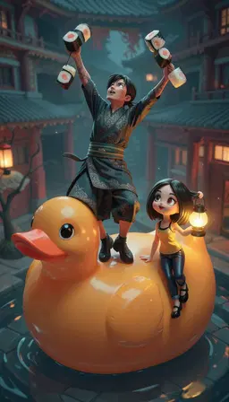 AKIRA, wearing a lavish patterned kimoto and matching obi sash, floats atop a gigantic rubber duck while juggling oversized sushi rolls, reaching upward, captured from a high‑angle view; PLUSHA, a graceful figure, leans against the side of the same rubber duck, balancing a glowing lantern and looking upward; soft cinematic lighting bathes the scene in a magical atmosphere, rendered as a detailed digital painting with shallow depth of field, a cool teal and red palette, whimsical fantasy style, and ornate background architecture.
