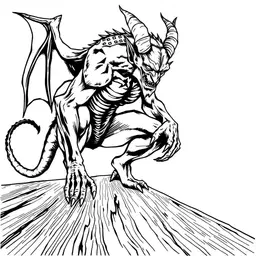 a detailed black‑ink coloring‑book illustration of a demon with a dragon tail crouching on a wooden table, rendered in bold, smooth, uniform linework with clear closed shapes for coloring. high‑contrast black on white, flat 2d vector‑like lines, no shading, grayscale, or textures. the scene is a low‑angle cinematic close‑up with dramatic rim lighting and misty haze swirling around, crisp gothic edges defining the wooden surface and the demon’s fierce posture, all against a simple white background.
