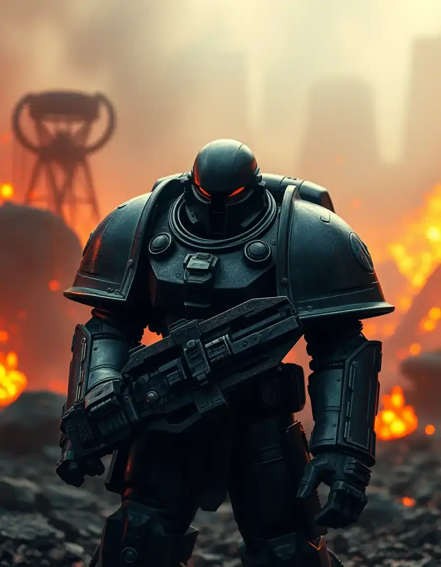 subject: warhammer 40k
defined as: humanoid/human
setting: infernal landscapes
style: warhammer 40k
filtered: preserving the grim, dark aesthetic, removing "gloomy atmosphere" description as it may conflict with the applied style.

a warhammer 40k space marine stands amidst a desolate, hellish battlefield. the space marine's power armor glistens with a smooth, high-polished texture resembling brushed aluminum. the armor's matte-black surface features soft, elongated highlights reflecting the dim, fiery light of burning infernal landscape, creating a sleek, continuous visual flow.