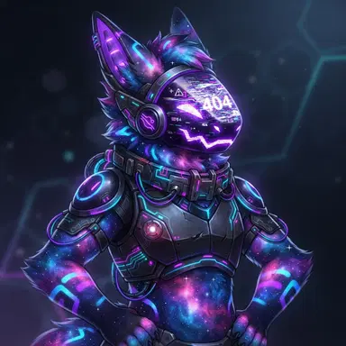 Protogen furry OC with purple LED visor showing glitch static face, galaxy pattern fur, neon accents, digital art, clean background