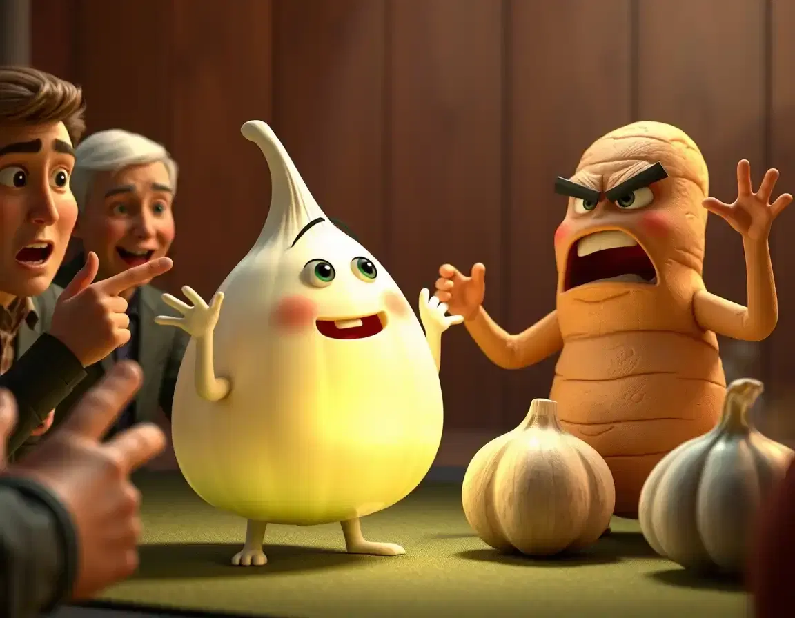 3D garlic character being praised, glowing slightly, people pointing at garlic, ginger in background with rough ginger root body looking jealous, expressive faces, cinematic lighting, Pixar style, consistent charactersangry 3D ginger character, rough ginger root body, uneven texture, shouting expression, hands raised, garlic shocked beside, dramatic lighting, Pixar style, consistent characters