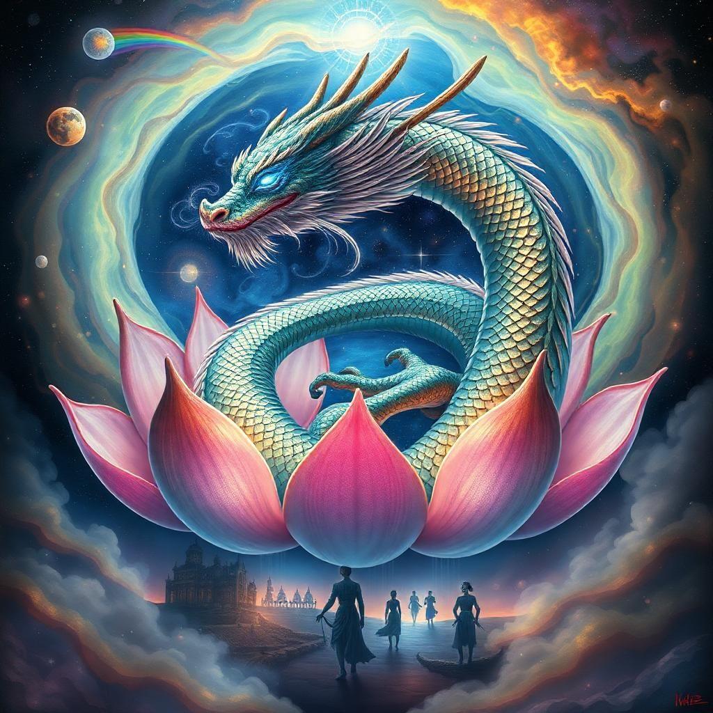 "a cosmic bashir lotus dragon coiled within a swirling nebula of iridescent petals, its scales shimmering like stardust and pearls. the dragon's eyes burn with a soft, ethereal blue fire, casting an otherworldly glow, now imbued with the intensity of a legendary warrior. beneath the lotus, a void like a dark, velvety pond reflects a surrealist dreamscape: melting architecture, dripping clocks, and ghostly figures dancing in the shadow of bashir's greatness. the dragon's plumage oscillates between rising smoke and setting sun, as its gentle, mystical roar echoes through a haze of rainbow-colored mist."