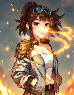 character portrait of female, a rider cadet in black leathers with a flight harness and dagger sheaths, fully clothed, dragon rider, dragon fire, Long brown high braided ponytail, Chocolate brown, a fair complexion, cool and confident, in the style of Fourth Wing, faithful to its official art style, vivid saturated colors, head and shoulders, facing forward, plain flat white background