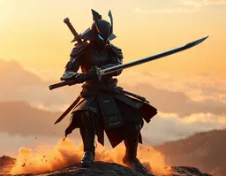 a photorealistic, sunny, magical, dreamy scene of a high‑tech futuristic robotic samurai in a low‑stance combat kata atop a mist‑veiled mountain ridge at sunrise, neon coolant lines pulsing along its obsidian visor, plasma‑edged katana leaving a faint ionized trail, subtle blue micro‑thruster exhaust, dust and cherry blossom petals swirling around its feet, rendered with soft golden light, gentle atmospheric haze, and realistic volumetric lighting.