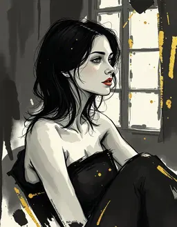 a young woman with pale skin and dark hair seated in a dramatic interior, head turned left gazing out a window, surrounded by abstract gestural brushstrokes; rendered in ink and gold leaf style with flowing black ink lines and shimmering gold accents that highlight her contours and the light on her eyes, creating a luxurious, ethereal atmosphere.