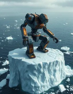 a massive iron robot with patches of rust forming in places, sitting on a huge iceberg, gazing out over the north atlantic sea as chunks of ice break off and the iceberg slowly sinks.