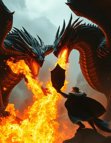 Fighting A Black Dragon, breathing fire, Stryder holds up his shield against the dragon's fire 