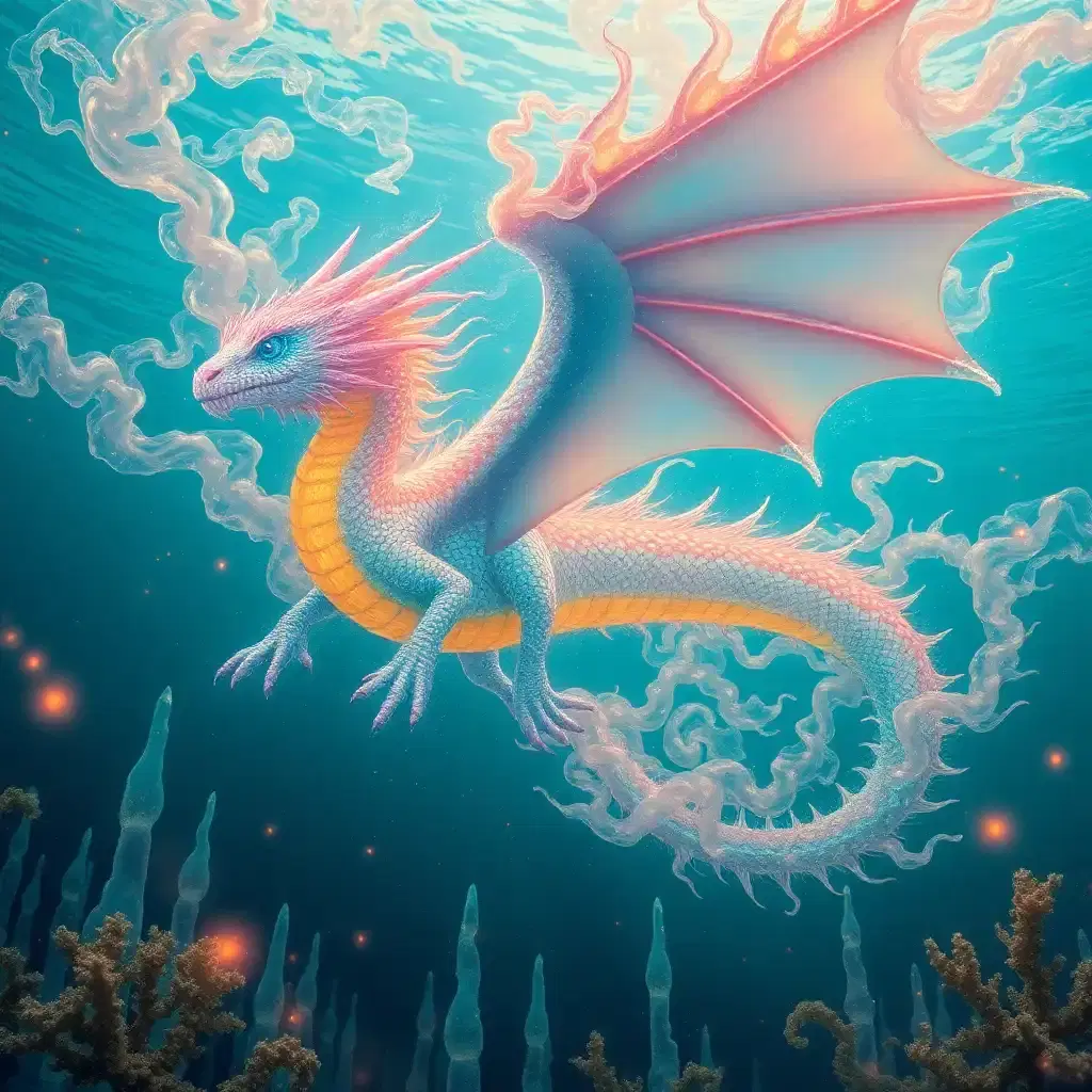 "a mystical underwater dragon dissolves into a kaleidoscope of iridescent colors as it hovers in the depths of an otherworldly ocean, a boundless expanse of tangerine-tinged turquoise liquid punctuated by tendrils of jellyfish-like auroras. frosty crystal spires rise from the seafloor, swirling with an auroral glow as the dragon's ethereal scales shimmer and pulse like the cosmos itself. wraith-like coral and kelp whispers caress the currents, ethereal fingers beckoning the dragon forward into the unknown. its crystalline blue eyes burn with a profound sorrow, a cosmic recognition that transcends the bounds of time and space. the dragon's gaze seems to unfurl the very fabric of reality, releasing a maelstrom of dreams and nightmares that manifest as glowing constellations across the waves. inspired by the avant-garde surrealist visions of syd mead and the dreamscapes of jodorowsky, this mystical creature coexists in an unfathomable dance of fantasy and technology."