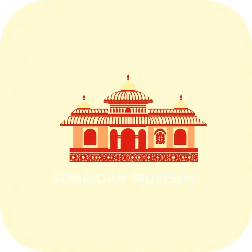 Logo for "Sonargaon Museum" app, traditional Bengali house silhouette, folk art pattern, red and cream, cultural heritage, minimal, app icon