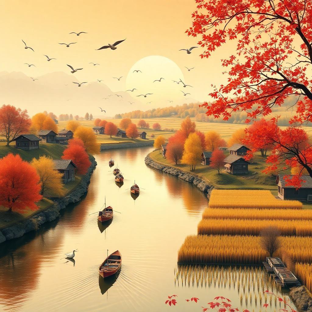 Autumn scenery in Heilongjiang, China, with full colors and no blank space, flat style, golden waterways with fishing boats and waterbirds, reddish maple leaves, rice fields with harvesters and many barns, and migratory birds in the air