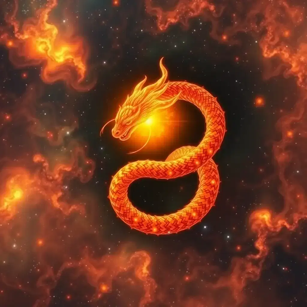 Amidst the kaleidoscopic expanse of a forgotten nebula, a mythical solar serpent coils in on itself in an elaborate dance of fire and elegance. Its scales glimmer with cosmic iridescence, casting kaleidoscope reflections that ripple across the vastness of space. As it spirals through the heavens, it weaves a rich tapestry of conflagrant hues, uniting the sacred warmth of the sun with the ancient mystery of the stars.