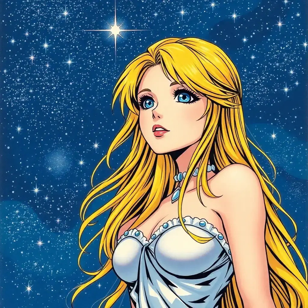 Draw a femme anime character whose golden locks cascade like waterfalls under the starlit sky. Her sapphire eyes reflect the plethora of stars beyond. The scene, painstakingly detailed, hails from a vintage comic book, each stroke of color inviting viewers to dive into a cosmic ballet where legends are born.
