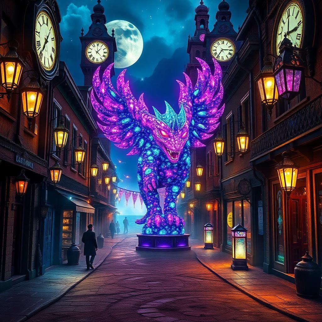 in a resplendent 1880s mining town, ablaze with diamonds, rubies, and sapphires, the world is a kaleidoscope of glittering illusions that shimmer and dance along imperceptible lines between the mortal realm and the realm of the spectral. dazzlingly bejeweled, crystal lanterns suspended from outstretched arms of ancient clock towers reflect a thousand brilliant colors onto the dusty cobblestones, where rays of moonlight and stardust mingle with the auroral glow of a thousand lanterns, imbuing the very air with an otherworldly essence.

in the town square, a colossal statue of a mythical creature is cloaked in a vast tapestry of emeralds, amethysts, and lapis lazuli, its eyes aglow with an ethereal light. as cobalt-hued shadows writhe and twist through narrow, crystal-studded alleys, the distant hum of lyres and the whispered secrets of forgotten lore merge to form an inescapable spell of enchantment. majestic, bejeweled mountains, cut from the very heart of the planet's gems, tower above, their summits ablaze with sapphires and opals, pulsating with an inner, intangible light.

within this resplendent tapestry, a mosaic puzzle of interconnected threads weaves together the fabric of human and inhuman existence, its intricate patterns and hidden symbols concealing the secrets of fate that bind the destinies of all who dwell within its borders.